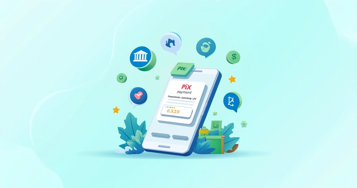 Ilustração de pagamento Pix em smartphone com ícones de banco e gráficos financeiros coloridos ao fundo